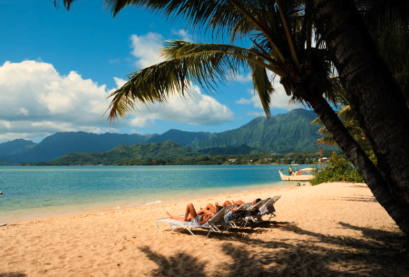 Relaxing is easy at this private beach with views of Oahu Hawaii