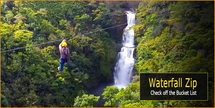 Ziplining over a waterfall on Big Island Hawaii