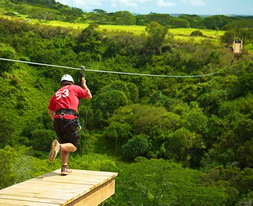 A guest runs off the plank, as they start soar across a valley on a zipline.